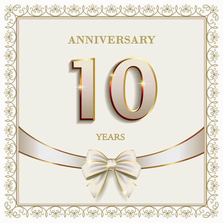 10 years anniversary celebration, greeting card in frame with an elegant pattern, decorated with ribbon and bow. Vector illustrationのイラスト素材