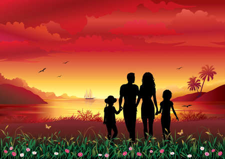 Family silhouette over tropical background, seascape. Vector illustration.のイラスト素材