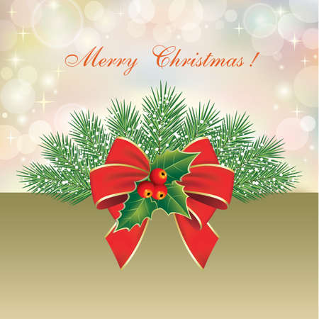 Christmas card with fir branches, bow and rowan on multicolor background. Merry Christmas 2022. Vector illustration.のイラスト素材