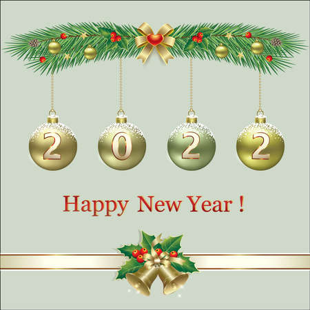 Merry Christmas and Happy New Year 2022. Greeting card with 2022 numbers on Christmas balls hanging from fir branches with holiday decoration. Vector illustrationのイラスト素材