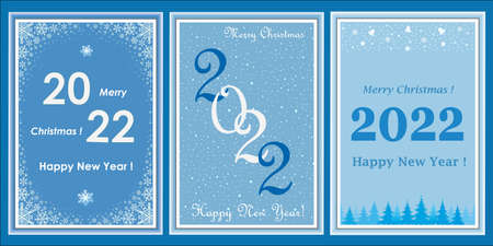 Christmas set of backgrounds for greeting cards, web posters, holiday covers. Vector design of 2022 numbers template and congratulations text fonts with collection of holiday symbols.のイラスト素材