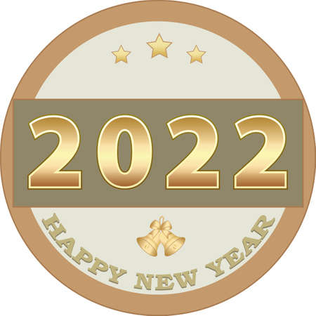 Happy New Year 2022, original festive background with number 2022 in a round frame with stars and bells for icon, greeting card, badges, flyers, packages. Vector illustrationのイラスト素材