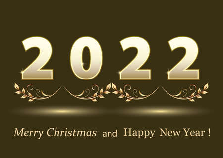 Happy New Year 2022. Christmas card, background with numbers 2022 decorated with laurel branches, on a dark background with light. Vector illustrationのイラスト素材