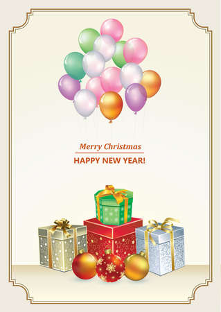 Christmas design greeting card with colorful gift boxes, balls and balloons on a light beige background. Xmas banner, poster, postcard. Happy New Year 2022.のイラスト素材