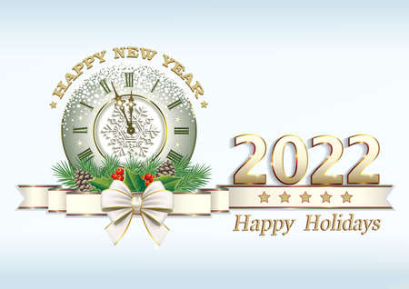 Happy New Year 2022. Christmas card with a clock and festive decoration on a light background with ribbon and bow, 3d vectorのイラスト素材