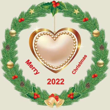 Merry Christmas 2022. Holiday background. Christmas wreath made of pine branches decorated with gold stars, balls, cones, bells, rowan berries and big beautiful heart for greeting card, poster.のイラスト素材