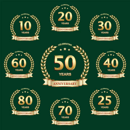 Set with the anniversary years in golden color laurel wreaths decorated with ribbon and stars for celebration, wedding, greeting card and invitation, vector illustrationのイラスト素材