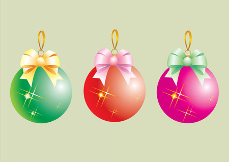 Happy New Year. Set of multicolored Christmas balls with bows isolated on a light background, 3d vector illustrationのイラスト素材