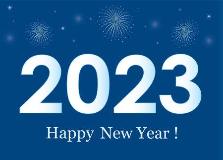 2023 Merry Christmas and Happy New Year poster with fireworks on blue background with text. Vector...