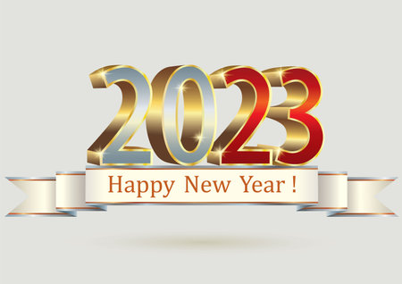 Happy New Year 2023. Christmas banner with numbers 2023 in gold, red and silver colors on background of decorative ribbon with text of the holiday greeting. 3d vector illustrationのイラスト素材
