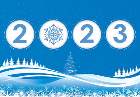 Happy New Year 2023 card with Christmas tree on blue background with pattern and winter natural landscape. Vector illustrationのイラスト素材