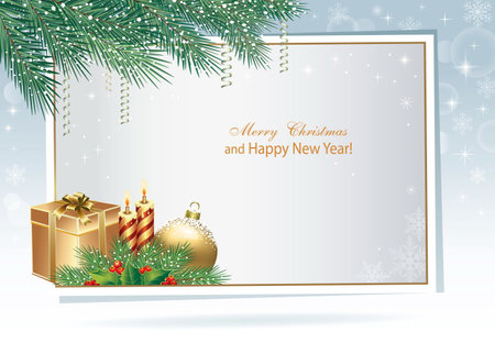 Happy New Year 2023. Christmas background with gift box, candles, golden ball, fir branches and snowflakes. Poster with place for your text. 3d vector illustration for greeting carのイラスト素材