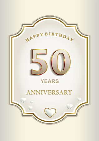 Anniversary 50th years, greeting card with hearts in an elegant curly frame, festive background, vector design for celebration, invitation, congratulationのイラスト素材