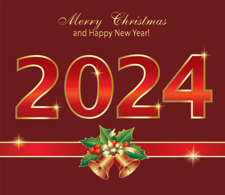 Happy New Year 2024 with ribbon and bells. Banner for Christmas holidaysのイラスト素材