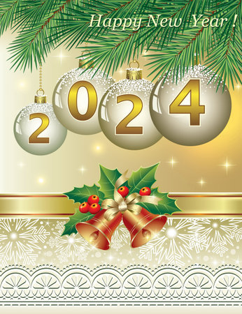 Happy New Year 2024. Postcard with golden number 2024 on Christmas balls hanging on fir branches. Festive background with pattern decorated with bells and snowflakes. Vector illustのイラスト素材