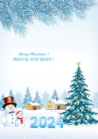 Christmas card with Christmas tree and snowman and gift boxes. Winter landscape. Vector illustration.のイラスト素材