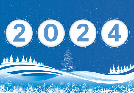 Merry Christmas and Happy New Year 2024. Original background with New Year numbers 2024 in circles on a snowy winter landscape. Holiday banner, greeting card. Vector 3d illustratioのイラスト素材