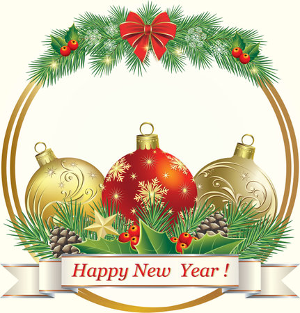 Happy New Year 2024. Festive background with Christmas balls, bow and snowflakes on fir branches, decorated with ribbon with congratulations text. Original vector design for winterのイラスト素材