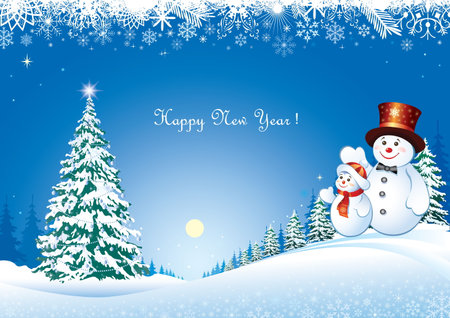 Christmas card with fir tree and snowmen on backdrop of winter snowy landscape. Festive background, banner for winter holidays. Vector illustrationのイラスト素材