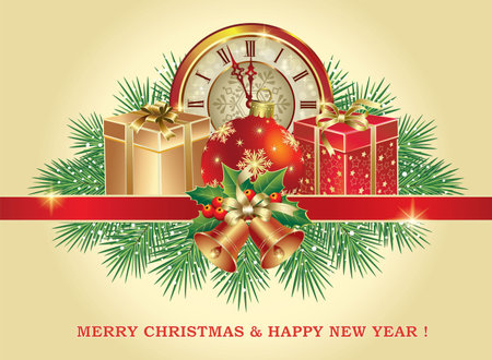 Merry Christmas and Happy New Year 2024. Festive composition with gift boxes, fir ball and clock on background of fir branches with ribbon and bells for celebrating winter holidaysのイラスト素材