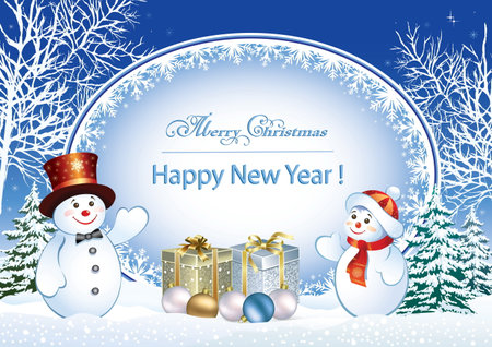 Happy New Year. Christmas winter holiday composition. Festive background realistic 3d decorative design objects, funny snowmen, gift boxes, snowy trees.  Vector illustration.のイラスト素材