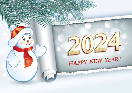 Happy New Year 2024. Original greeting card with cheerful snowman under fir branches on the background of poster in the form of rolled paper with the date 2024. Vector illustrationのイラスト素材