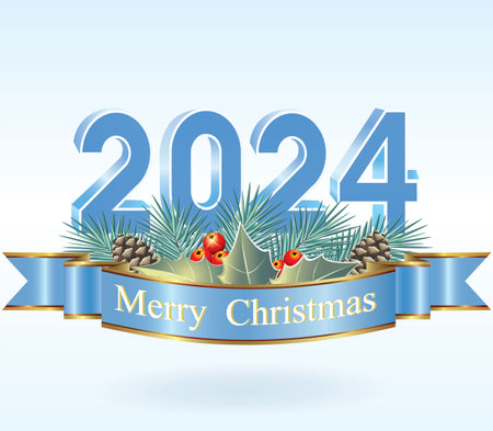 Merry Christmas 2024. Festive poster for 2024 on fir branches with cones and rowan berries, decorated with decorative ribbon. New Year background for winter holidaysのイラスト素材