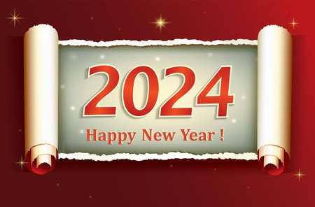 appy New Year 2024. Christmas background, original 2024 holiday date vector design on paper rollのイラスト素材