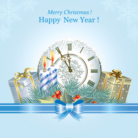 Merry Christmas and Happy New Year 2024. Festive background with gift boxes, candles and clock on fir branches and decorative ribbon. Square poster, greeting card. 3D vectorのイラスト素材