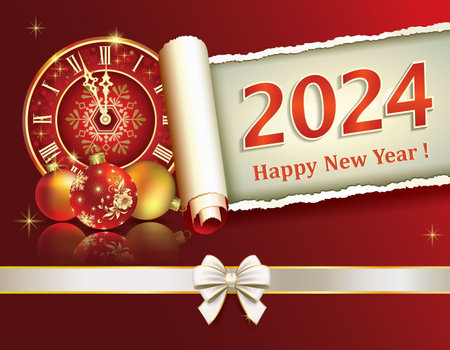 Happy New Year 2024. Christmas background, postcard with clock and holiday decorations, original vector design of holiday date 2024 on paper roll.のイラスト素材