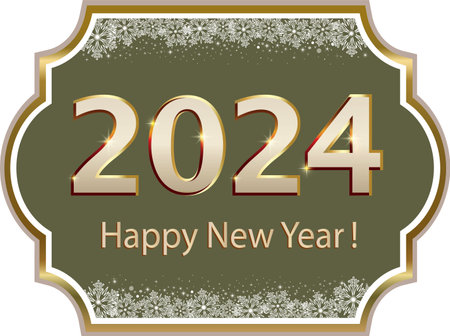 Happy New Year 2024 background with golden Christmas date 2024 in figured frame with snowflakes. Vector illustrationのイラスト素材