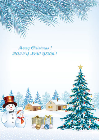 Happy New Year 2024. Christmas tree with snowmen with gift boxes on the background of a winter snowy landscape. Festive background, greeting card. Vector 3d illustrationのイラスト素材