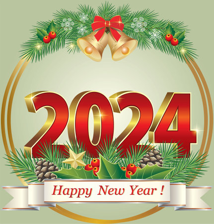 Happy New Year 2024. Christmas background for banners, posters, greetings cards with new year number 2024 and festive decoration in round frame. Vector 3D illustrationのイラスト素材