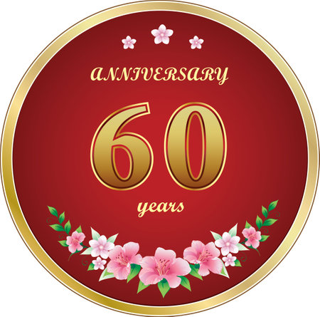 60th Anniversary Celebration. Background design with creative numbers and floral pattern in round golden frame. Vector illustrationのイラスト素材