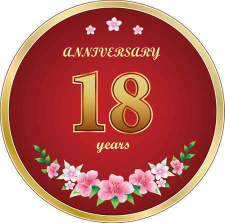 18th Anniversary Celebration. Background design with creative numbers and floral pattern in round golden frame. Vector illustrationのイラスト素材