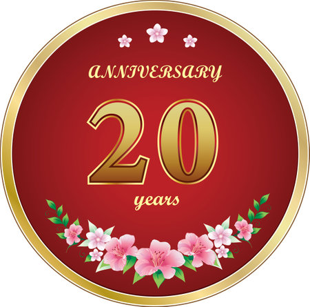 20th Anniversary Celebration. Background design with creative numbers and floral pattern in round golden frame. Vector illustrationのイラスト素材