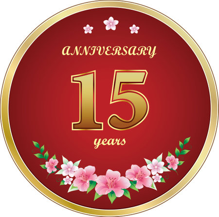 15th Anniversary Celebration. Background design with creative numbers and floral pattern in round golden frame. Vector illustrationのイラスト素材