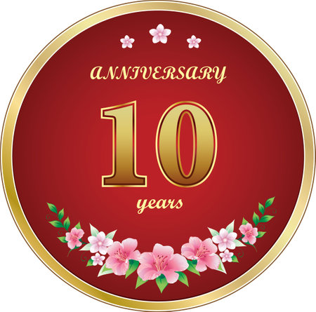 10th Anniversary Celebration. Background design with creative numbers and floral pattern in round golden frame. Vector illustrationのイラスト素材
