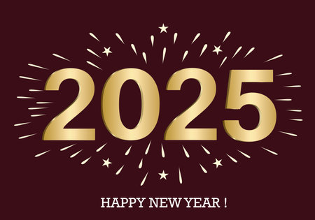 Happy New Year 2025. Abstract background with golden numbers and fireworks for banners, typography,...