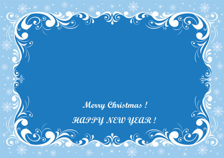 Merry Christmas and Happy New Year. Holiday frame on light blue background with snowflakes pattern. Design template for greeting cards, banners, posters, covers, packaging. Vectorのイラスト素材