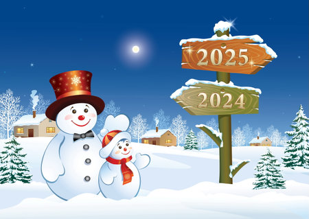 Happy New Year 2025. Greeting card with funny snowmen on the background of wooden sign with numbers 2024 and 2025. Winter snowy nature. Vector illustration.のイラスト素材