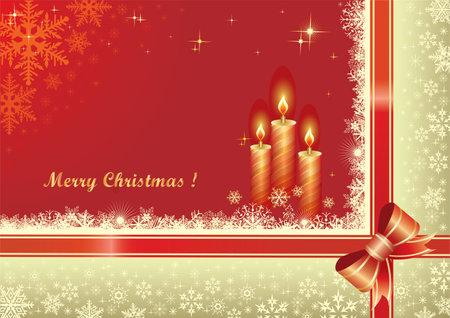 Merry Christmas. Holiday card with candles on red background in beautiful golden frame decorated with snowflakes and ribbon. Vector illustration.のイラスト素材