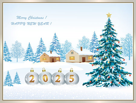 Happy New Year 2025 card. Christmas tree on the background of winter snowy landscape. 3d vector illustration for new year holidays.のイラスト素材