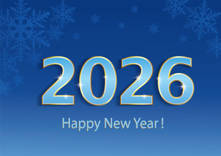 Happy New Year 2026. Festive banner with date on blue background with snowflakes. Vector illustrationのイラスト素材