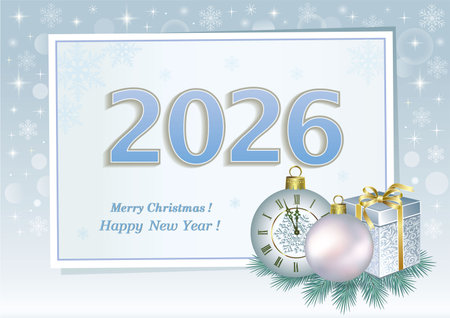 Merry Christmas 2026. Holiday banner with gift box, clock and ball on fir branches on snowflakes background. Vector illustration.のイラスト素材