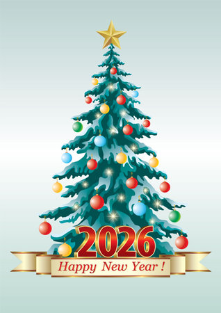 Happy New Year 2026. Background with festive Christmas tree and decorative ribbon with congratulations for greeting cards, posters, banners, holiday decoration. Vector illustrationのイラスト素材