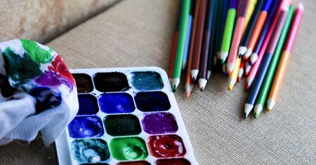 colored pencils, drawing, watercolor, paints, rainbow, creativity, art, children, handmade, joy, colorful,の写真素材