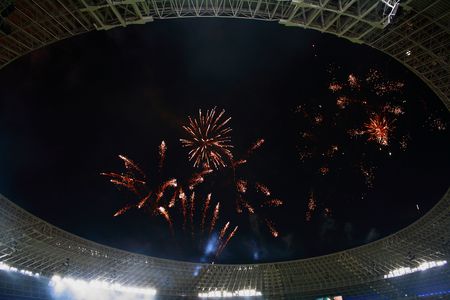 Fireworks in stadium after a matchの写真素材