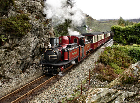 Steam narrow gauge train goes from  Blaenau Ffestiniog to Porthmadog on September 21, 2007, Wales   ...