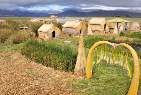 Small houses on Uros islands  Titicaca lake  Peru の写真素材